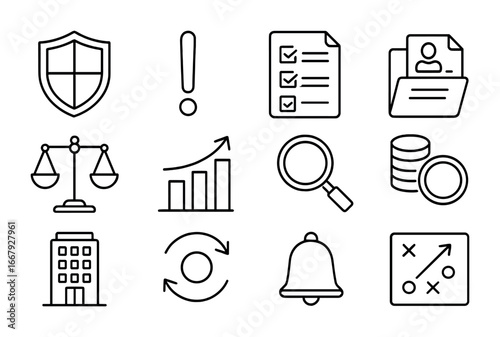 Risk Management Icons. Outline icon set of risk management in mergers: shield, exclamation mark, checklist,