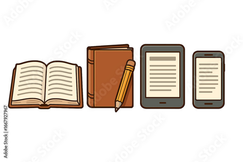Evolution of reading concept. Traditional paper book vs digital e-book on e-reader and smartphone. Library, literature and education progress. Vector cartoon illustration.
