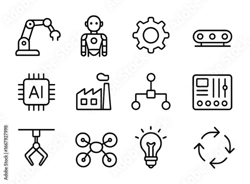 Robotics Icons Grid. Outline icon set of robotics: robot arm, humanoid robot, gear, conveyor belt, AI chip,