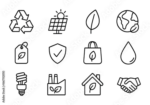 Sustainable Icon Set. Outline icon set of sustainable branding: recycling icon, solar panel, eco leaf, earth
