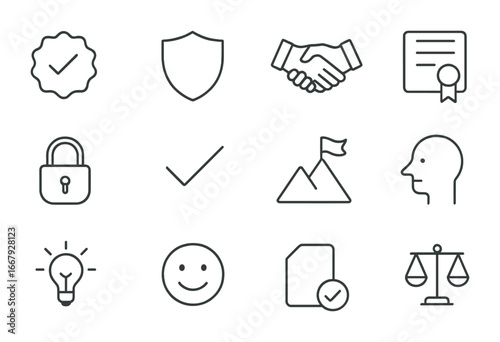 Brand Authenticity Icons. Outline icon set of brand authenticity: verified badge, shield icon, handshake,