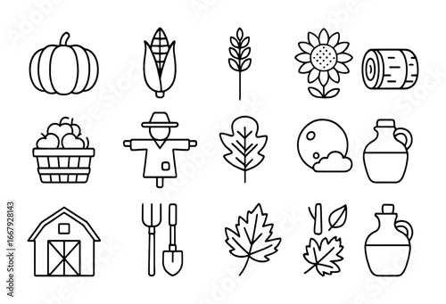 Harvest Icons Grid. Outline icon set of pumpkins and harvest: pumpkin, corn, wheat, hay bale, basket of apples