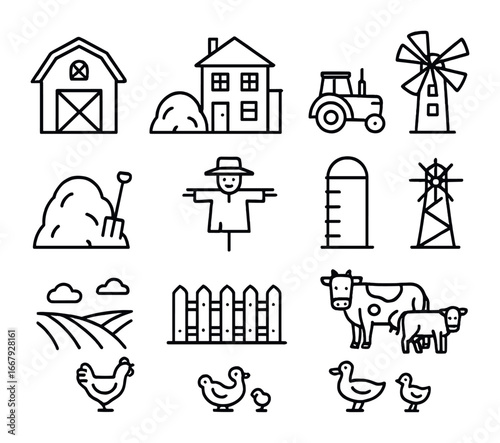 Countryside Harvest Icons. Outline icon set of countryside harvest scene: barn, farmhouse, tractor, haystack,