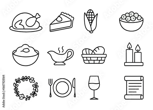 Thanksgiving Harvest Icons. Outline icon set of Thanksgiving harvest: roasted turkey, pumpkin pie, corn on cob