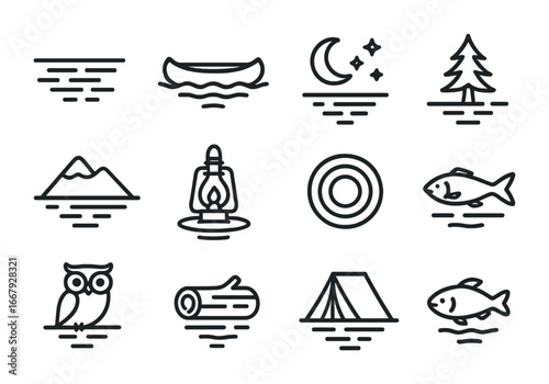 Moonlit Lake Icons. Outline icon set of moonlit lake reflections: calm water, canoe, crescent moon, pine tree,