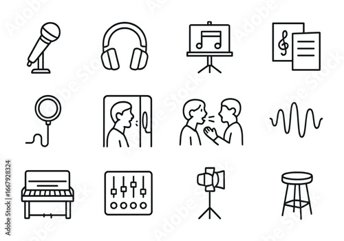 Singer Practice Icons. Outline icon set of professional singer practicing vocals: microphone, headphones,