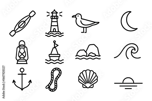 Coastal Night Icons. Outline icon set of coastal night expeditions: ocean kayak, lighthouse, seagull, crescent