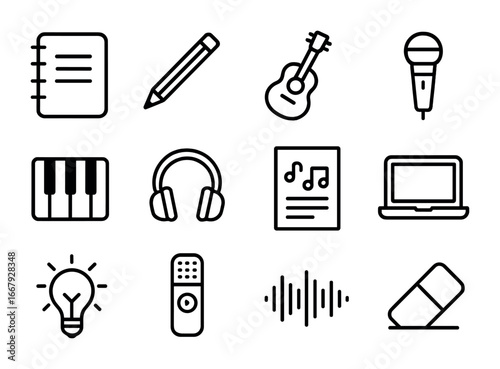 Songwriting Icon Set. Outline icon set of songwriting process: notebook, pencil, guitar, microphone, piano