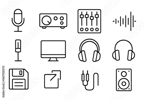 Music Production Icons. Outline icon set of music production workflow: microphone, audio interface, mixing