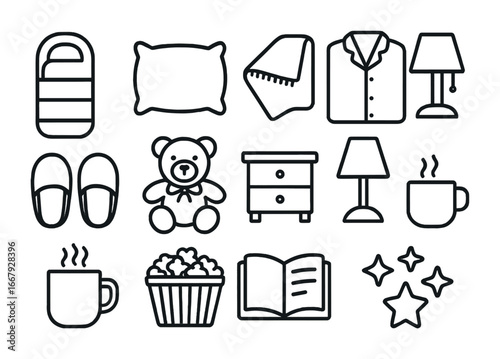 Festive Sleepover Icons. Outline icon set of festive sleepover: sleeping bag, pillow, blanket, pajama shirt,