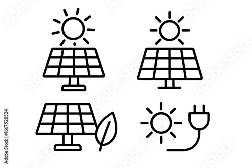 Solar panel icon set with clean energy symbols, renewable and alternative energy line icons, vector cartoon illustrations for sustainable power and green technology
