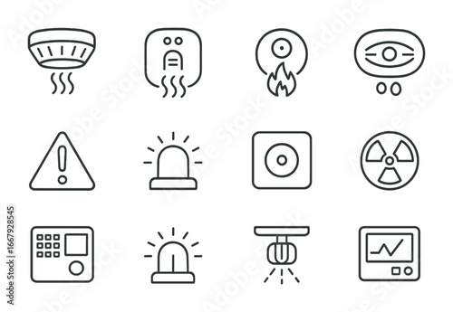 Hazard Detection Icons. Outline icon set of smoke and hazard detection: smoke detector, gas detector, heat