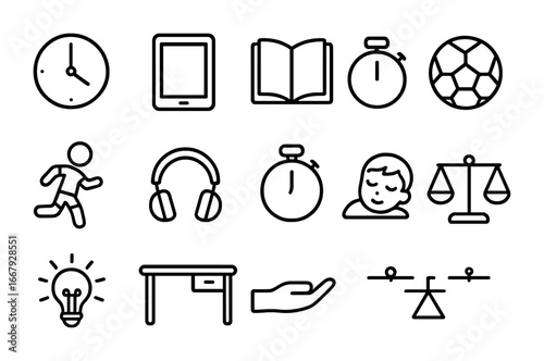 Screen Time Balance Icons. Outline icon set of screen time balance: clock, tablet, book, soccer ball, child
