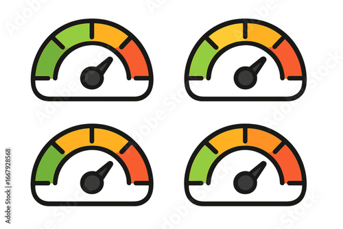 Speedometer and Gauge Icon Set, Performance and Speed Measurement Vector Collection, Cartoon Style Speedometer Symbols with Transparent Background, Ordered Set 1