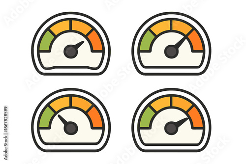 Speedometer and gauge icon set illustrating vehicle performance, speed measurement, and automotive dashboard indicators in a vibrant vector cartoon style with transparent background
