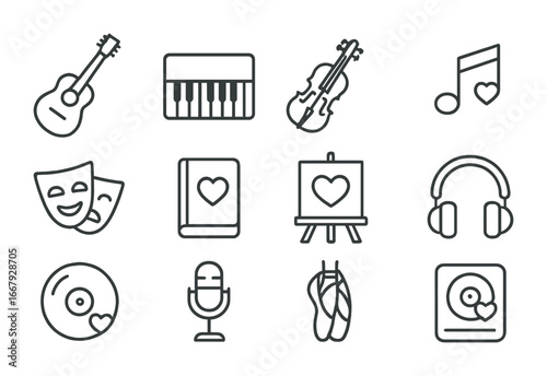 Romantic Arts Icons. Outline icon set of romantic music and arts: guitar, piano, violin, love song note,