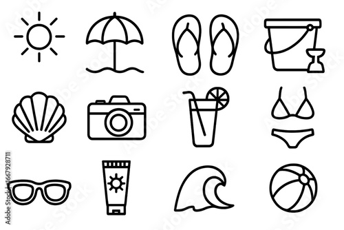 Summer beach icon set, vacation essentials line art collection, holiday elements vector cartoon illustration, flip flops, sun umbrella, shell, camera, drink, swimsuit, sunscreen, wave, beach ball