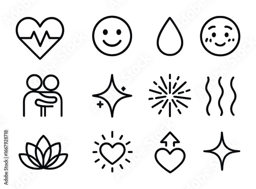 Romantic Emotion Icons. Outline icon set of emotional impact of romance: heartbeat, smiling face, tear drop,