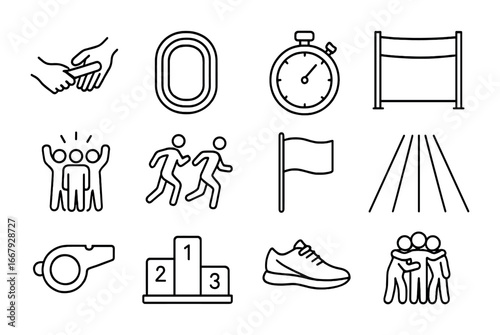 Relay Race Icons. Outline icon set of relay race teamwork: baton handoff, running track, stopwatch, finish