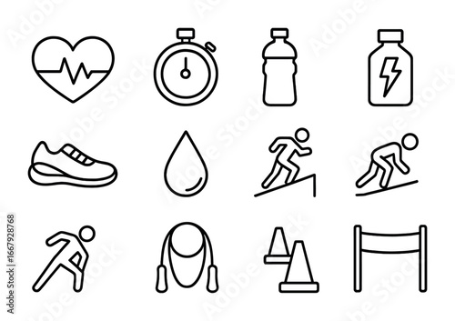 Endurance Training Icons. Outline icon set of endurance training: heart monitor, stopwatch, water bottle,