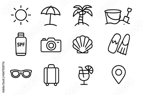 Summer beach outline icon set, vacation and travel line art icons, simple vector cartoon illustration, travel essentials and leisure symbols, transparent background