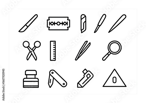 Precision Tool Icons. Outline icon set of precision tools: scalpel, razor, box cutter, letter opener, scissors