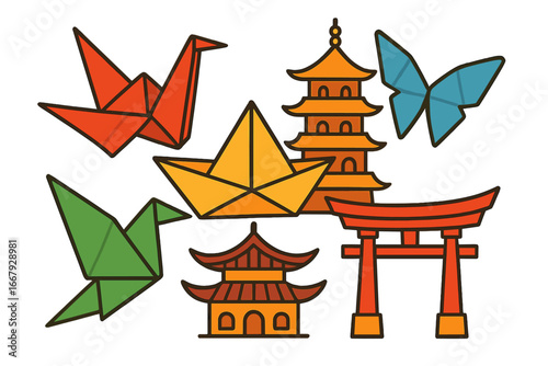 Japanese culture icon set with origami and traditional architecture. Vector illustration of paper crane, butterfly, pagoda, and torii gate. Travel to Japan symbols.