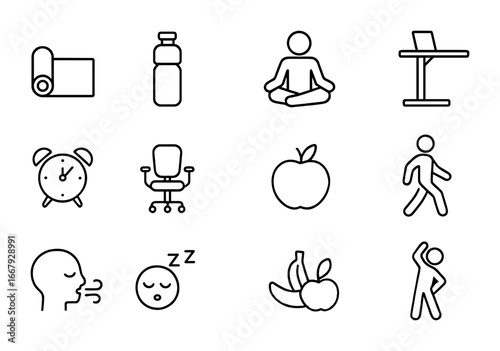 Employee Wellness Icons. Outline icon set of employee wellness: yoga mat, water bottle, meditation icon,