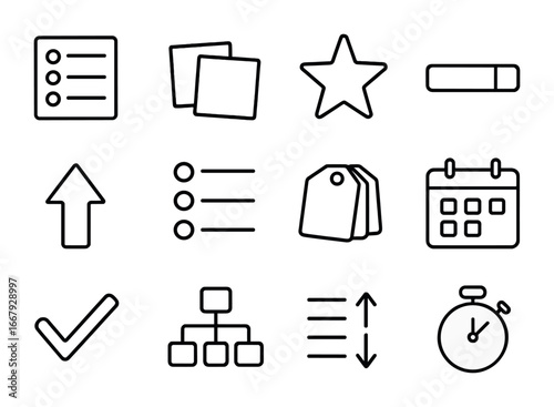 Task Management Icons. Outline icon set of task prioritization: to-do list, sticky notes, star icon, progress