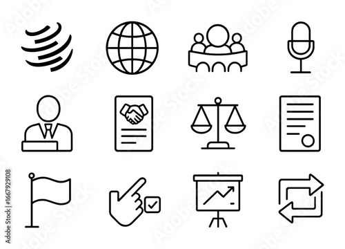 Global Organizations Icons. Outline icon set of WTO and global organizations: WTO emblem, globe, meeting hall,