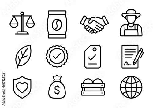 Fair Trade Icon Set. Outline icon set of fair trade policies: balance scales, coffee bag, handshake, farmer