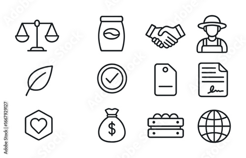 Fair Trade Icon Set. Outline icon set of fair trade policies: balance scales, coffee bag, handshake, farmer