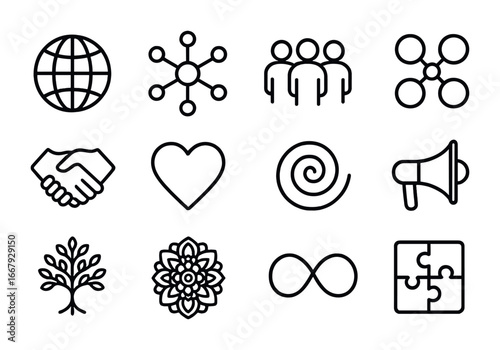 Collective Consciousness Icons. Outline icon set of collective consciousness: globe, network nodes, group of