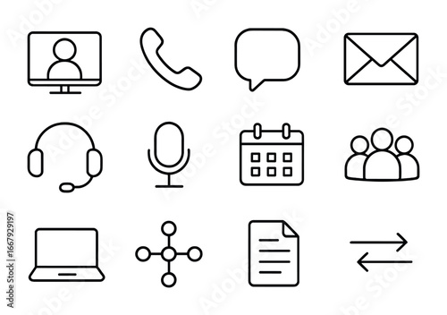 Remote Work Icons. Outline icon set of communication in remote work: video call, phone, chat bubble, email,