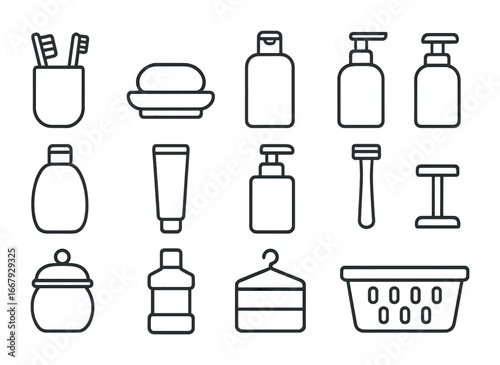 Bathroom Toiletry Icons. Outline icon set of organizing toiletries in the bathroom: toothbrush holder, soap