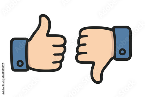 Thumb up and thumb down hand icons, like dislike symbols, social media approval and disapproval vector cartoon illustration with transparent background, ordered set 3