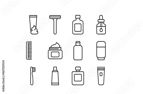 Men's Grooming Essentials. Outline icon set of men’s grooming items: shaving cream, razor, aftershave, beard