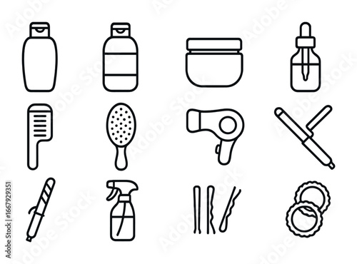 Haircare Icon Set. Outline icon set of haircare organization: shampoo, conditioner, hair mask, hair oil bottle