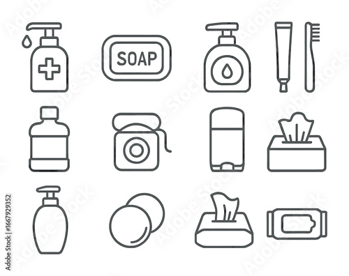 Hygiene Icon Set. Outline icon set of hygiene products: hand sanitizer, soap bar, liquid soap, toothpaste,