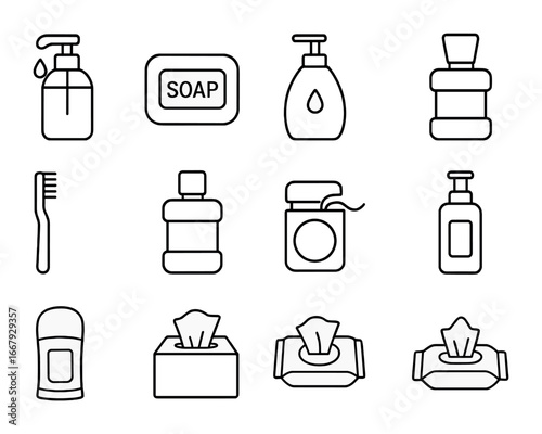 Hygiene Icon Set. Outline icon set of hygiene products: hand sanitizer, soap bar, liquid soap, toothpaste,