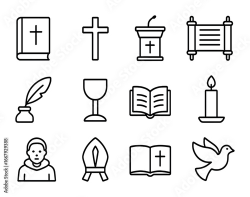 Christian Theology Icons. Outline icon set of theological debates in Christian history: Bible, cross, church