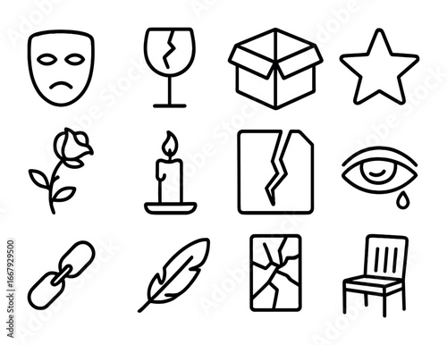 Icons of Emptiness. Outline icon set of emotional emptiness: hollow mask, broken glass, empty box, faded star,