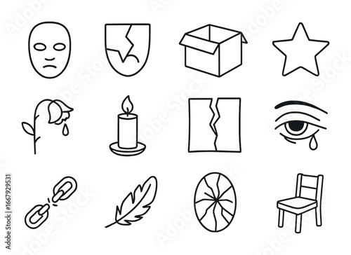 Icons of Emptiness. Outline icon set of emotional emptiness: hollow mask, broken glass, empty box, faded star,