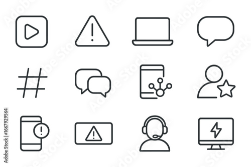 Crisis Response Icons. Outline icon set of online crisis response: social media app, alert icon, laptop,