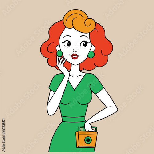 Vector art of stylish woman with retro hairstyle holding a vintage camera