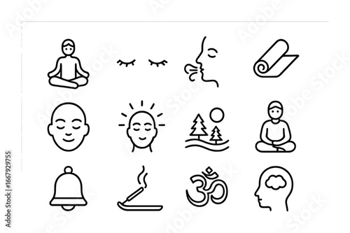 Mindfulness Icon Set. Outline icon set of mindfulness practice: lotus pose, closed eyes, breathing pattern,