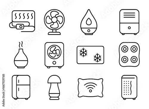 Portable Comfort Icons. Outline icon set of portable comfort appliances: heated blanket, fan, humidifier,