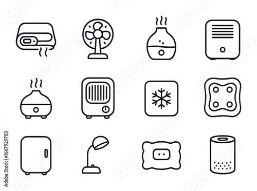 Portable Comfort Icons. Outline icon set of portable comfort appliances: heated blanket, fan, humidifier,