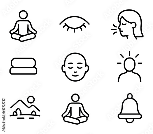Mindfulness Icon Set. Outline icon set of mindfulness practice: lotus pose, closed eyes, breathing pattern,
