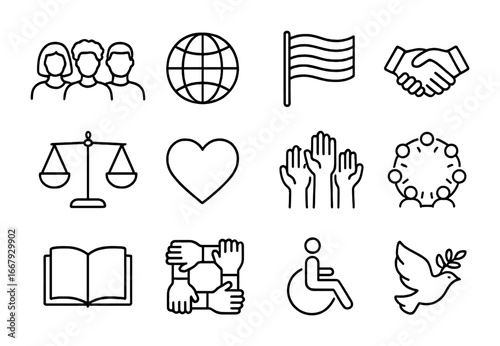 Diversity Symbols Grid. Outline icon set of diversity and inclusion: diverse silhouettes, globe, rainbow flag,